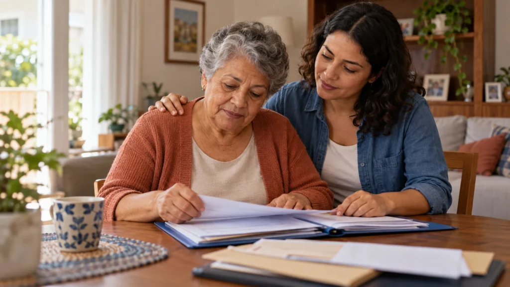 Duas mulheres organizam documentos familiares juntas.