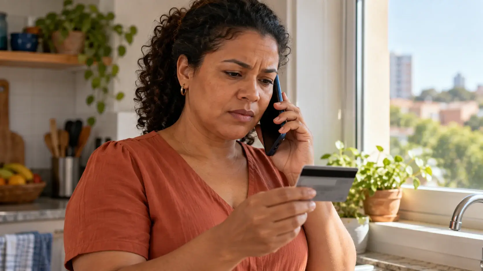 Mulher fala ao telefone enquanto confere um cartão.