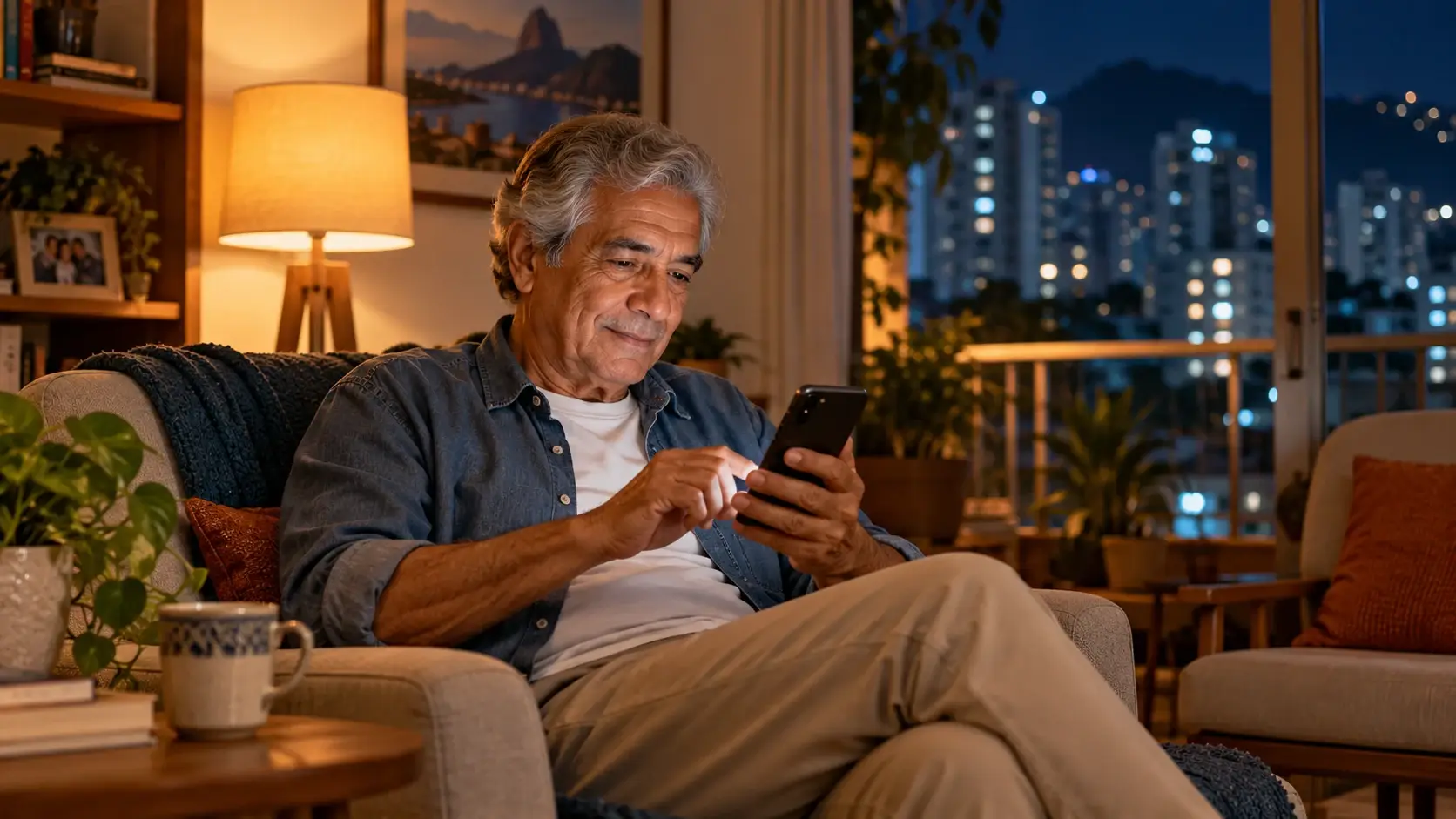 Homem consulta o celular em casa à noite.