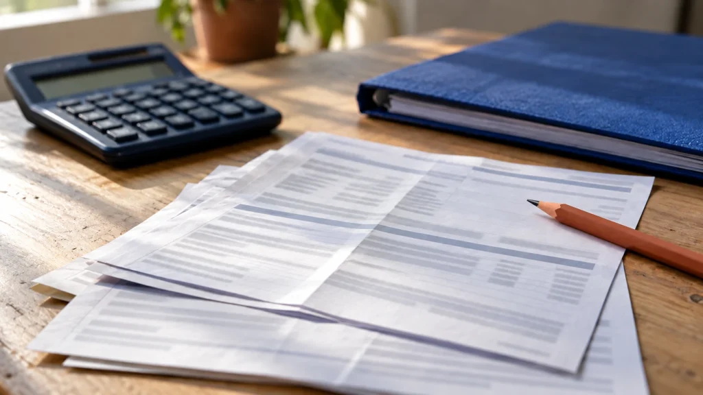 Calculadora e documentos de trabalho para calcular a multa de 40% do FGTS.
