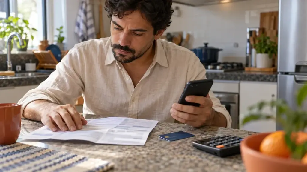 Pessoa confere um boleto com calculadora, celular e cartão para pagar o boleto com cartão de crédito.
