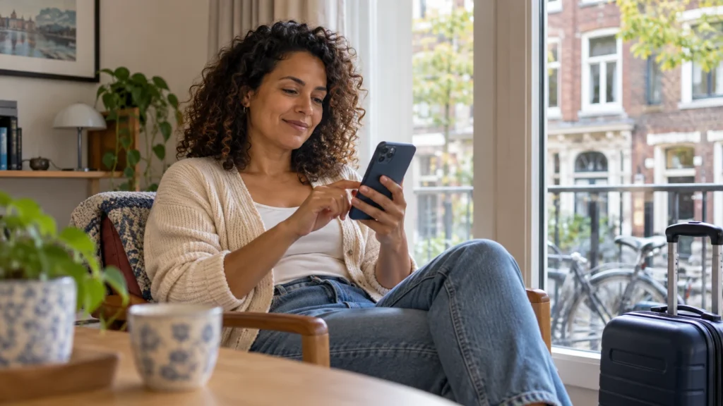 Mulher usa o celular em um apartamento com mala perto da janela para sacar o FGTS morando fora do Brasil.