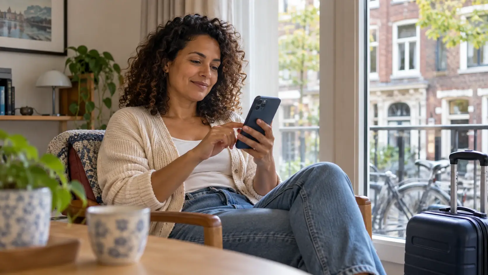 Mulher usa o celular em um apartamento com mala perto da janela para sacar o FGTS morando fora do Brasil.