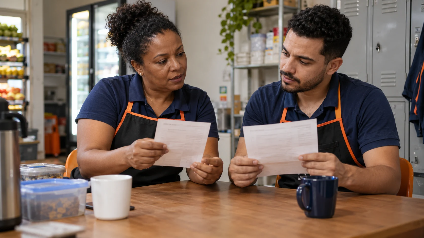 Duas pessoas conferem seus holerites na área de descanso do trabalho.