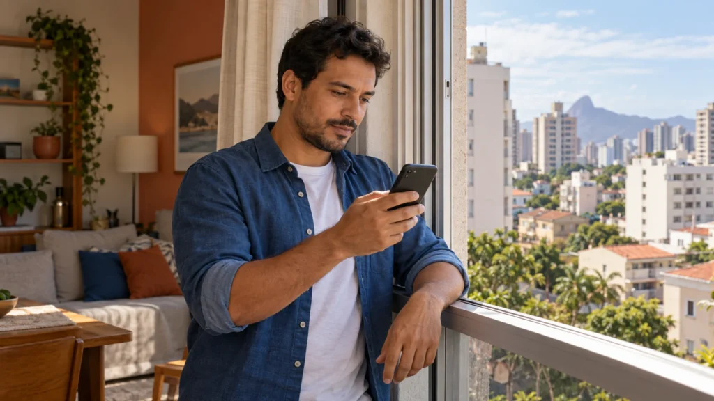 Homem consulta o celular perto de uma janela.