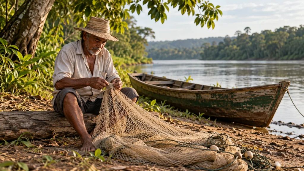 Pescador cuida de uma rede ao lado de um barco parado na margem.