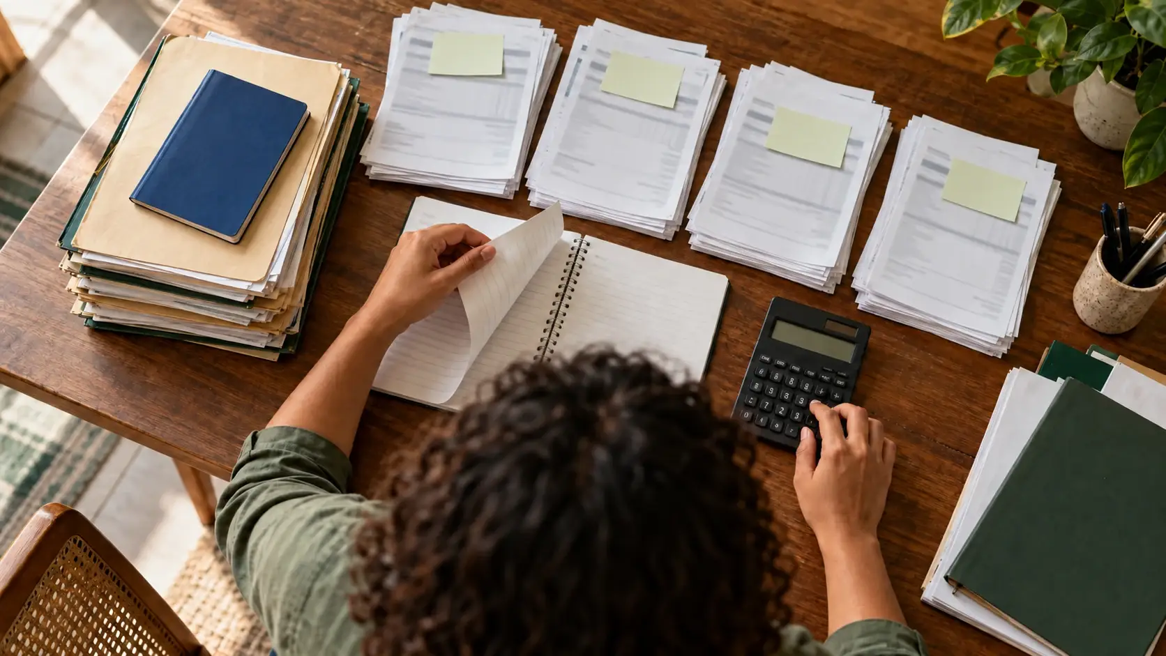 Pessoa organiza documentos de trabalho ao lado de um caderno e de uma calculadora.