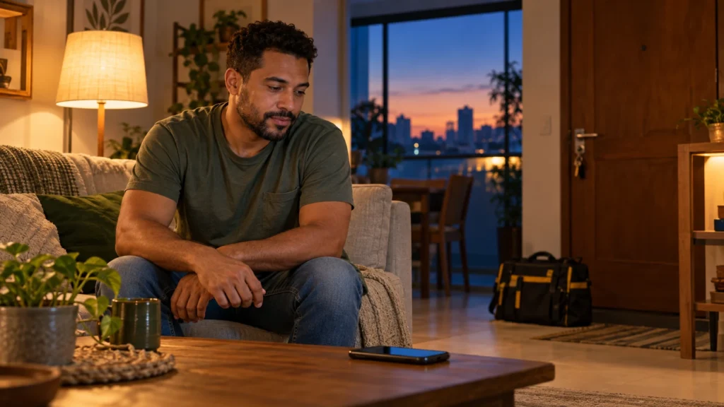 Homem em casa observa o celular, com uma bolsa de ferramentas perto da porta.