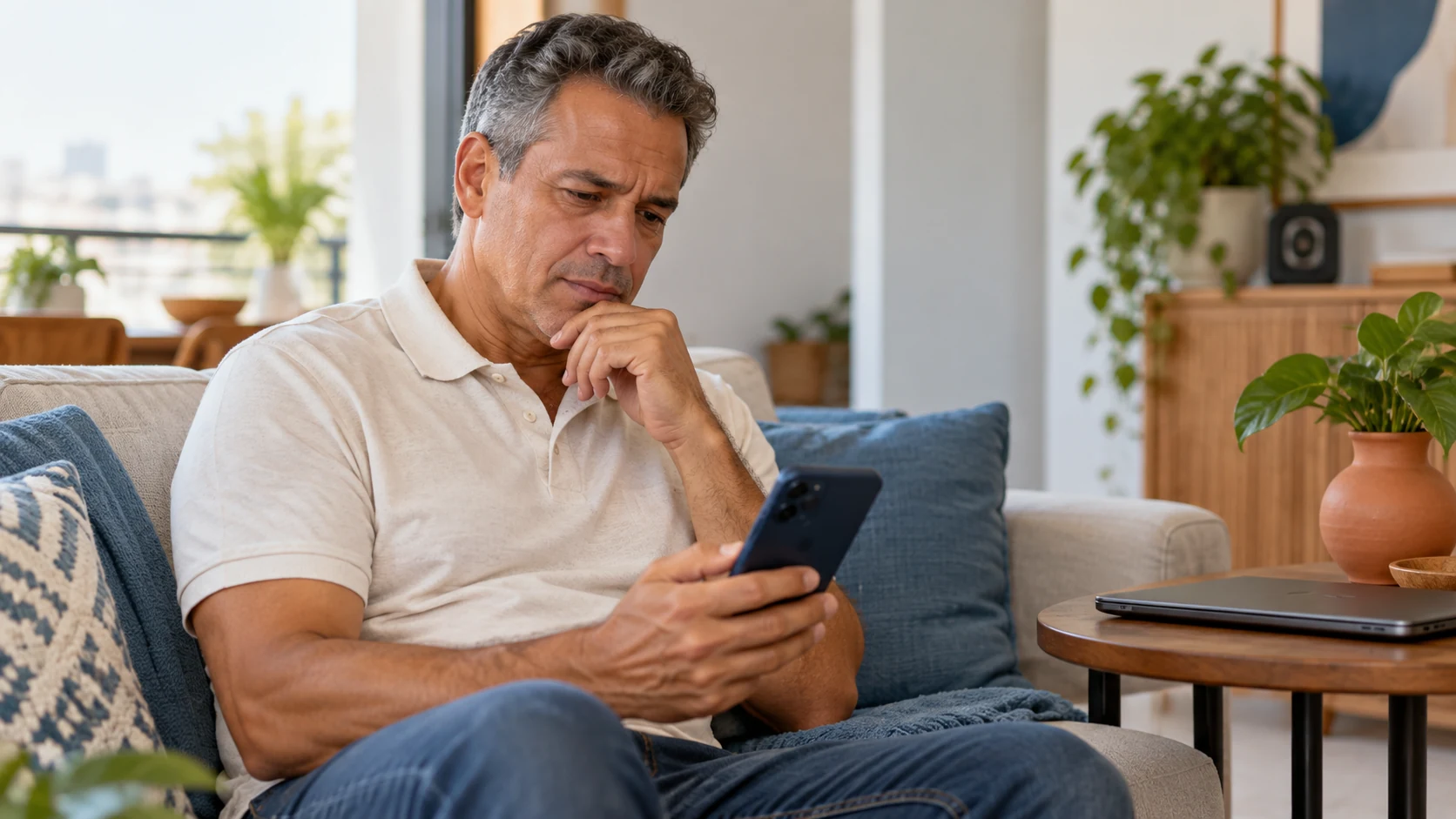 Homem analisa no celular uma mensagem sobre o saldo nas bets no último dia do prazo.